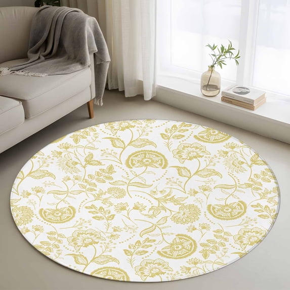 Round Rugs 3Ft, Boho Yellow Floral Round Area Rug Washable Indoor Throw Carpet, Vintage Farmhouse Paisley Plant Leaf Small Non Slip Circle Rug for Bedroom Living Room Home Decor Aesthetic