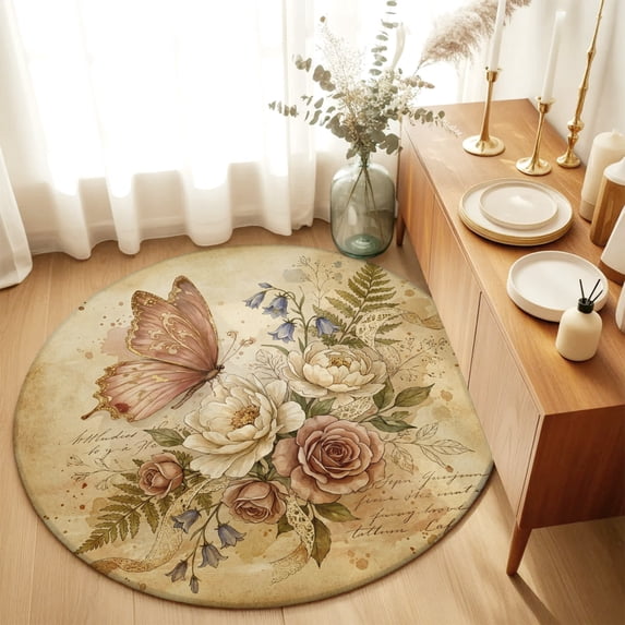 Round Rugs 3Ft, Botanical Ferns Round Area Rug Washable Indoor Throw Carpet, Romantic Roses Florals Butterfly Distressed Small Non Slip Circle Rug for Bedroom Living Room Home Decor Aesthetic