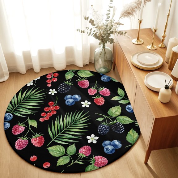 Round Rugs 3Ft, Botanical Fruit Round Area Rug Washable Indoor Throw Carpet, Retro Blueberry Raspberry Leaves Black Small Non Slip Circle Rug for Bedroom Living Room Home Decor Aesthetic