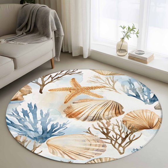 Round Rugs 3Ft, Brown Blue Beach Coastal Round Area Rug Washable Indoor Throw Carpet, Nautical Summer Starfish Coral Small Non Slip Circle Rug for Bedroom Living Room Home Decor Aesthetic