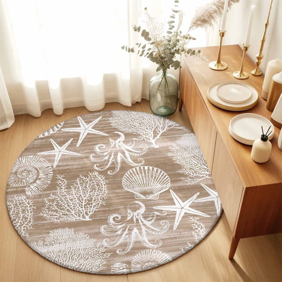 Round Rugs 3Ft, Brown Coastal Round Area Rug Washable Indoor Throw Carpet, Nautical Coral Starfish Shell Octopus Sea Small Non Slip Circle Rug for Bedroom Living Room Home Decor Aesthetic