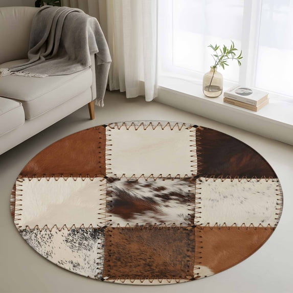 Round Rugs 3Ft, Brown Round Area Rug Washable Indoor Throw Carpet, Vintage Art Plaid Farmhouse Checkered Small Non Slip Circle Rug for Bedroom Living Room Home Decor Aesthetic