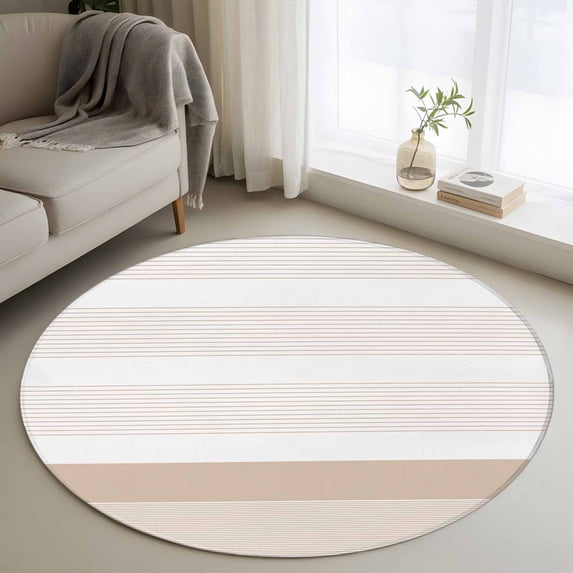 Round Rugs 3Ft, Brown Stripe Round Area Rug Washable Indoor Throw Carpet, Modern Rustic Horizontal Brown Striped Small Non Slip Circle Rug for Bedroom Living Room Home Decor Aesthetic