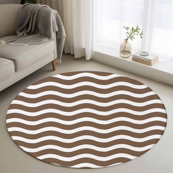 Round Rugs 3Ft, Brown White Round Area Rug Washable Indoor Throw Carpet, Modern Abstract Waves Water Ripple Striped Small Non Slip Circle Rug for Bedroom Living Room Home Decor Aesthetic