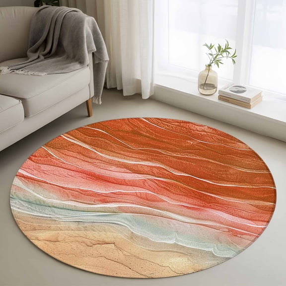 Round Rugs 3Ft, Burnt Orange Ombre Coastal Round Area Rug Washable Indoor Throw Carpet, Summer Nautical Beach Ocean Seaside Small Non Slip Circle Rug for Bedroom Living Room Home Decor Aesthetic