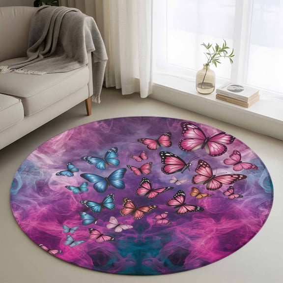 Round Rugs 3Ft, Butterfly Round Area Rug Washable Indoor Throw Carpet, Purple Blue Fantasy Dream Butterflies Abstract Small Non Slip Circle Rug for Bedroom Living Room Home Decor Aesthetic