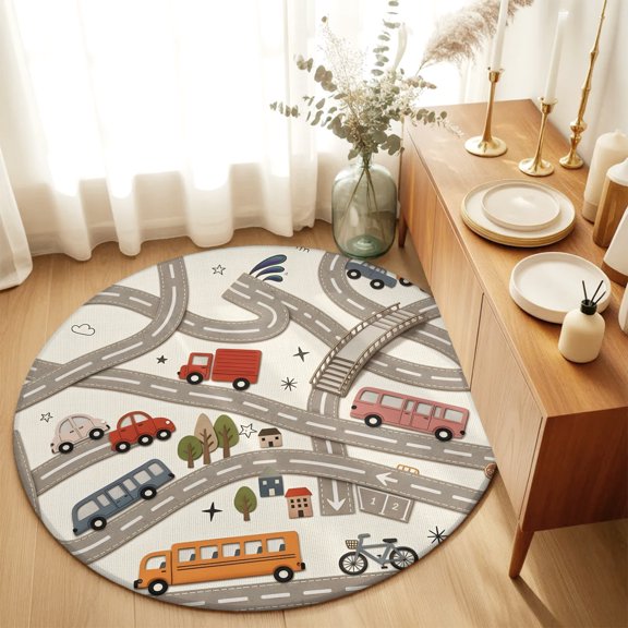 Round Rugs 3Ft, Cars Buses Round Area Rug Washable Indoor Throw Carpet, Cartoon Grey City Street Map Traffic Educational Small Non Slip Circle Rug for Bedroom Living Room Home Decor Aesthetic