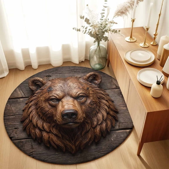 Round Rugs 3Ft, Carved Bear Head Round Area Rug Washable Indoor Throw Carpet, Rustic Wood Cabin Lodge Brown Small Non Slip Circle Rug for Bedroom Living Room Home Decor Aesthetic