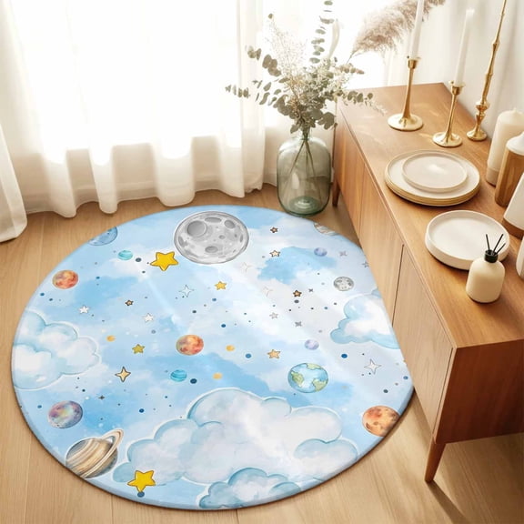 Round Rugs 3Ft, Children's Day Round Area Rug Washable Indoor Throw Carpet, Galaxy Universe Stars Planets Moons Small Non Slip Circle Rug for Bedroom Living Room Home Decor Aesthetic