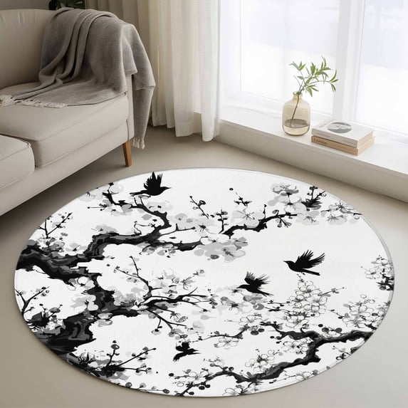 Round Rugs 3Ft, Chinese Painting Round Area Rug Washable Indoor Throw Carpet, Traditional Culture Cool Bird Tree Branch Small Non Slip Circle Rug for Bedroom Living Room Home Decor Aesthetic
