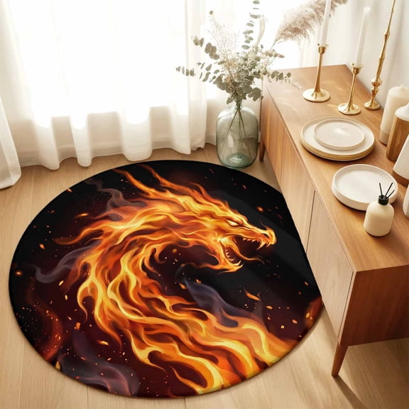 Round Rugs 3Ft, Chinese Style Round Area Rug Washable Indoor Throw Carpet, Fantasy Dragon Orange Gradient Fire Small Non Slip Circle Rug for Bedroom Living Room Home Decor Aesthetic