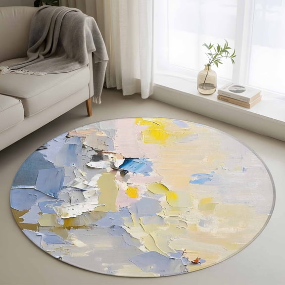 Round Rugs 3Ft, Coastal Beach Round Area Rug Washable Indoor Throw Carpet, Abstract Oil Painting Art Small Non Slip Circle Rug for Bedroom Living Room Home Decor Aesthetic