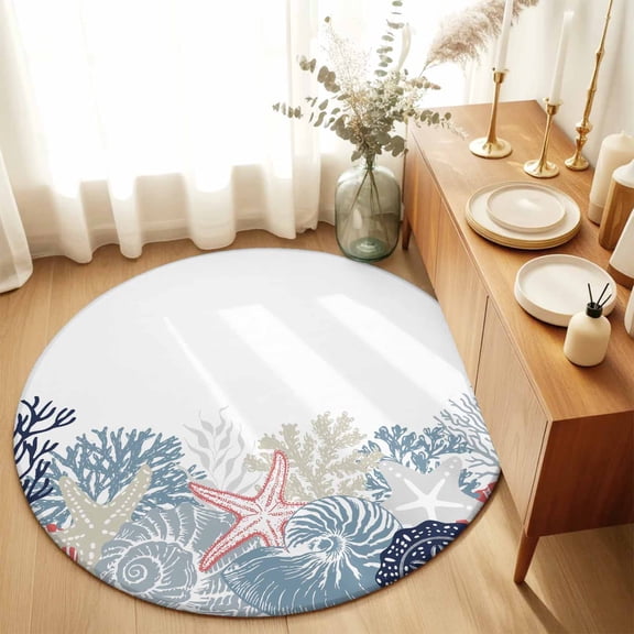 Round Rugs 3Ft, Coastal Coral Round Area Rug Washable Indoor Throw Carpet, Ocean Starfish Beach Conch Navy Marine Life Small Non Slip Circle Rug for Bedroom Living Room Home Decor Aesthetic