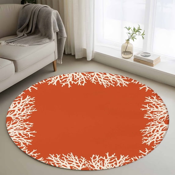 Round Rugs 3Ft, Coastal Coral Round Area Rug Washable Indoor Throw Carpet, Orange White Ocean Marine Nautical Beach Small Non Slip Circle Rug for Bedroom Living Room Home Decor Aesthetic