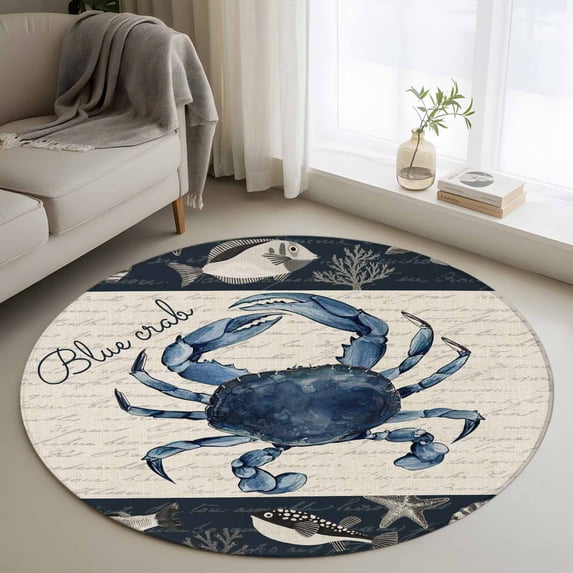 Round Rugs 3Ft, Coastal Crab Round Area Rug Washable Indoor Throw Carpet, Nautical Ocean Beach Fish Starfish Small Non Slip Circle Rug for Bedroom Living Room Home Decor Aesthetic
