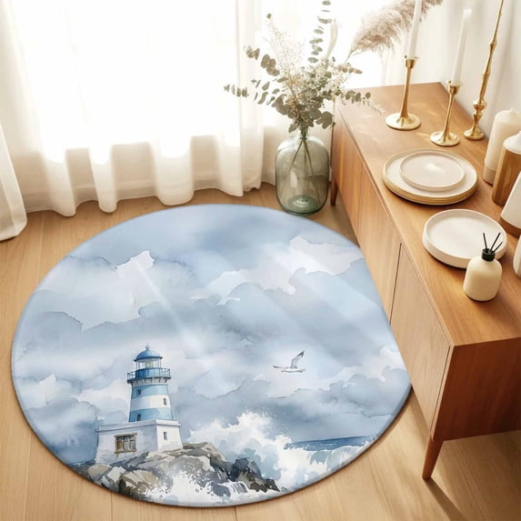 Round Rugs 3Ft, Coastal Lighthouse Round Area Rug Washable Indoor Throw Carpet, Summer Ocean Nautical Sea Waves Blue Small Non Slip Circle Rug for Bedroom Living Room Home Decor Aesthetic