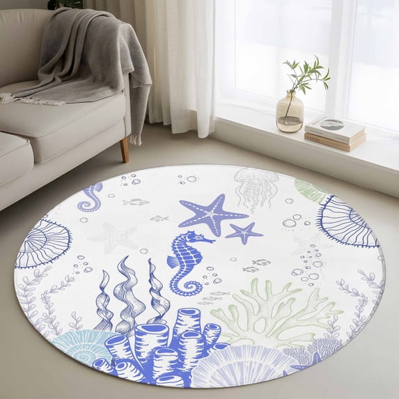 Round Rugs 3Ft, Coastal Purple Round Area Rug Washable Indoor Throw Carpet, Ocean Coral Starfish Jellyfish Seahorse Small Non Slip Circle Rug for Bedroom Living Room Home Decor Aesthetic