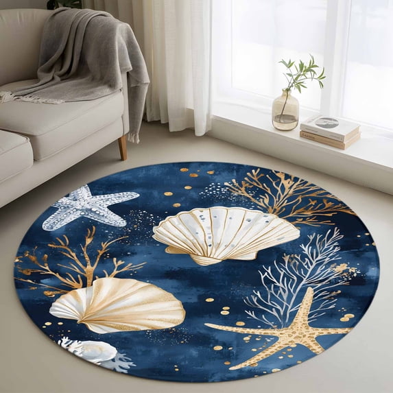 Round Rugs 3Ft, Coastal Round Area Rug Washable Indoor Throw Carpet, Summer Beach Starfish Shell Sea Coral Navy Blue Small Non Slip Circle Rug for Bedroom Living Room Home Decor Aesthetic