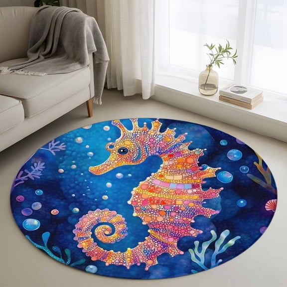 Round Rugs 3Ft, Coastal Seahorse Round Area Rug Washable Indoor Throw Carpet, Summer Ocean Colorful Coral Shell Small Non Slip Circle Rug for Bedroom Living Room Home Decor Aesthetic