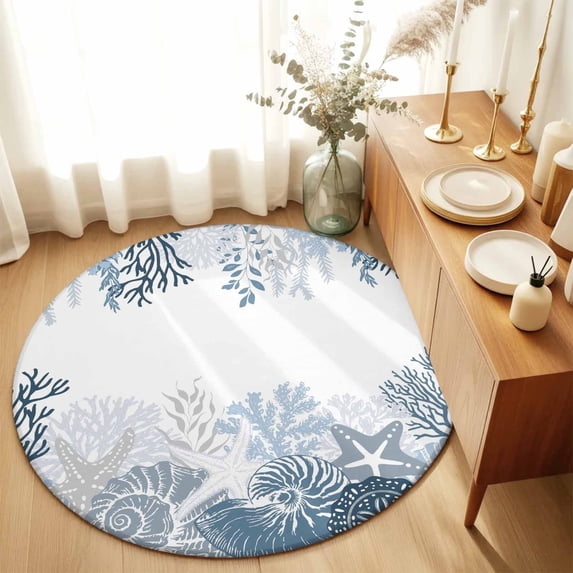 Round Rugs 3Ft, Coastal Starfish Round Area Rug Washable Indoor Throw Carpet, Ocean Weeping Coral Beach Conch Haze Blue Small Non Slip Circle Rug for Bedroom Living Room Home Decor Aesthetic