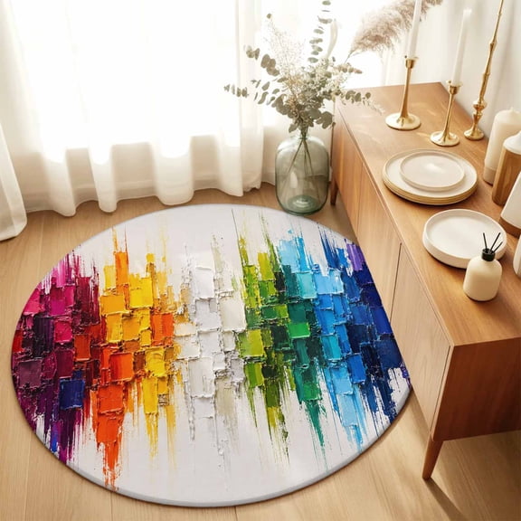 Round Rugs 3Ft, Colorful Abstract Round Area Rug Washable Indoor Throw Carpet, Bright Color Modern Rainbow Painting Small Non Slip Circle Rug for Bedroom Living Room Home Decor Aesthetic