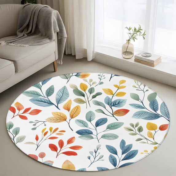 Round Rugs 3Ft, Colorful Botanical Round Area Rug Washable Indoor Throw Carpet, Pastoral Country Summer Leaves Small Non Slip Circle Rug for Bedroom Living Room Home Decor Aesthetic