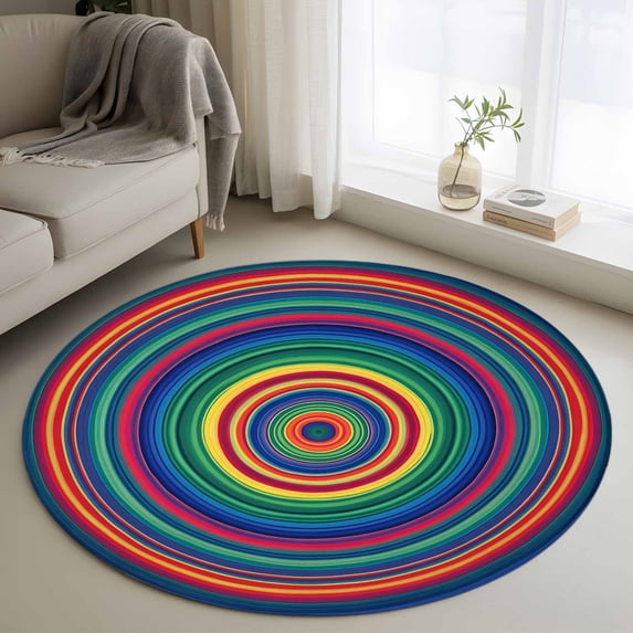 Round Rugs 3Ft, Colorful Circle Round Area Rug Washable Indoor Throw Carpet, Stripes Farmhouse Modern Rainbow Small Non Slip Circle Rug for Bedroom Living Room Home Decor Aesthetic