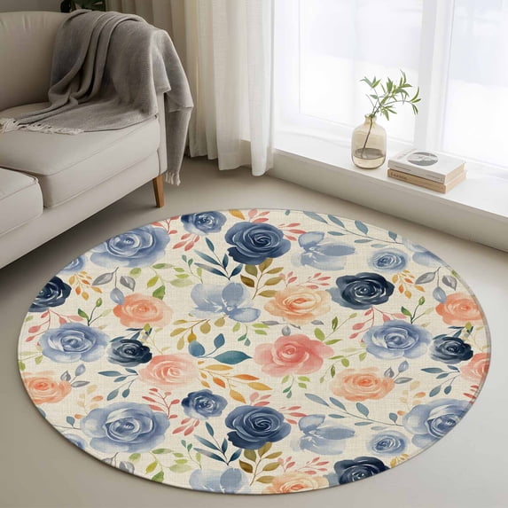 Round Rugs 3Ft, Colorful Flowers Round Area Rug Washable Indoor Throw Carpet, Watercolor Retro Blue Pink Floral Small Non Slip Circle Rug for Bedroom Living Room Home Decor Aesthetic