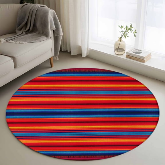 Round Rugs 3Ft, Colorful Striped Round Area Rug Washable Indoor Throw Carpet, Farmhouse Modern Rainbow Lines Art Small Non Slip Circle Rug for Bedroom Living Room Home Decor Aesthetic