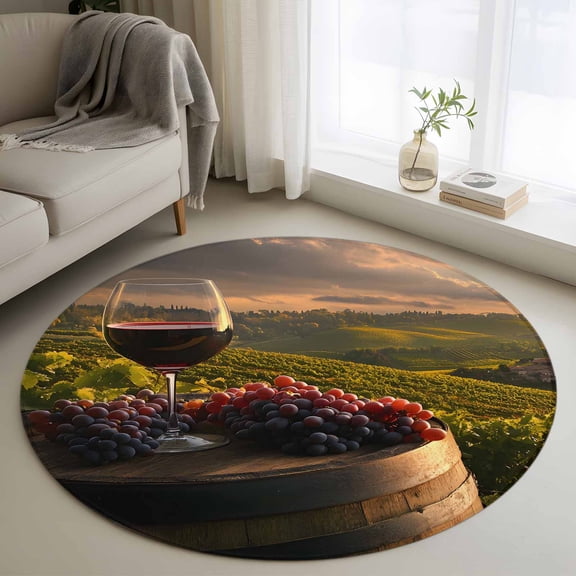 Round Rugs 3Ft, Country Round Area Rug Washable Indoor Throw Carpet, Grapes Casks Wine Farmhouse Small Non Slip Circle Rug for Bedroom Living Room Home Decor Aesthetic