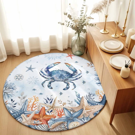 Round Rugs 3Ft, Crab Coastal Round Area Rug Washable Indoor Throw Carpet, Summer Beach Blue Ombre Coral Starfish Small Non Slip Circle Rug for Bedroom Living Room Home Decor Aesthetic