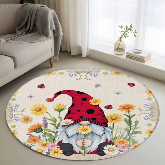 Round Rugs 3Ft, Daisy Gnomes Round Area Rug Washable Indoor Throw Carpet, Farmhouse Pastoral Garden Floral Burlap Small Non Slip Circle Rug for Bedroom Living Room Home Decor Aesthetic