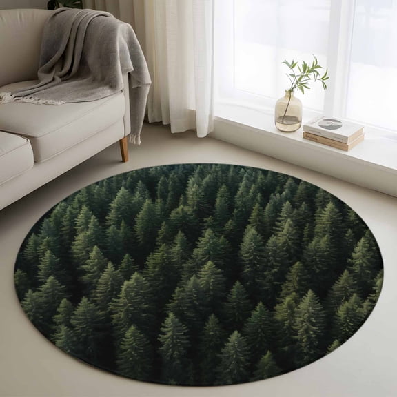 Round Rugs 3Ft, Dark Green Forest Round Area Rug Washable Indoor Throw Carpet, Pine Trees Modern Mysterious Art Small Non Slip Circle Rug for Bedroom Living Room Home Decor Aesthetic