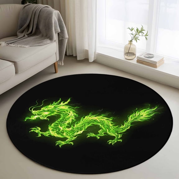 Round Rugs 3Ft, Dragon Flames Round Area Rug Washable Indoor Throw Carpet, Green Dragons Abstract Modern Art Small Non Slip Circle Rug for Bedroom Living Room Home Decor Aesthetic