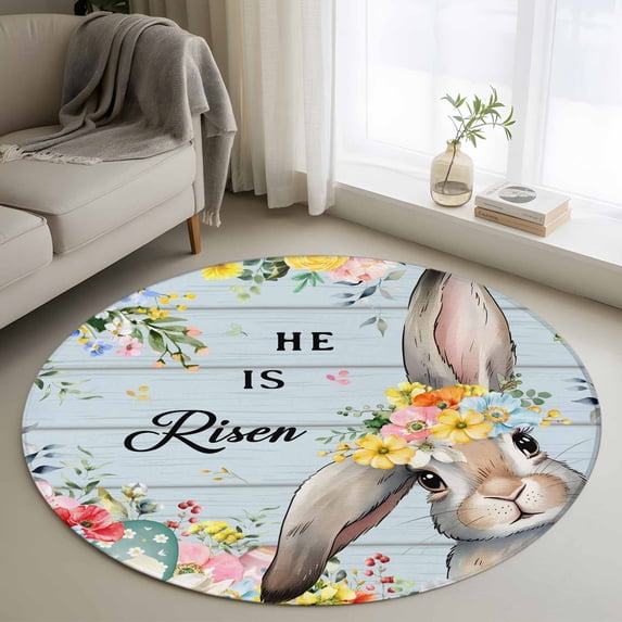 Round Rugs 3Ft, Easter Round Area Rug Washable Indoor Throw Carpet, Spring Farmhouse Bunny Flower Blue Wood Grain Small Non Slip Circle Rug for Bedroom Living Room Home Decor Aesthetic