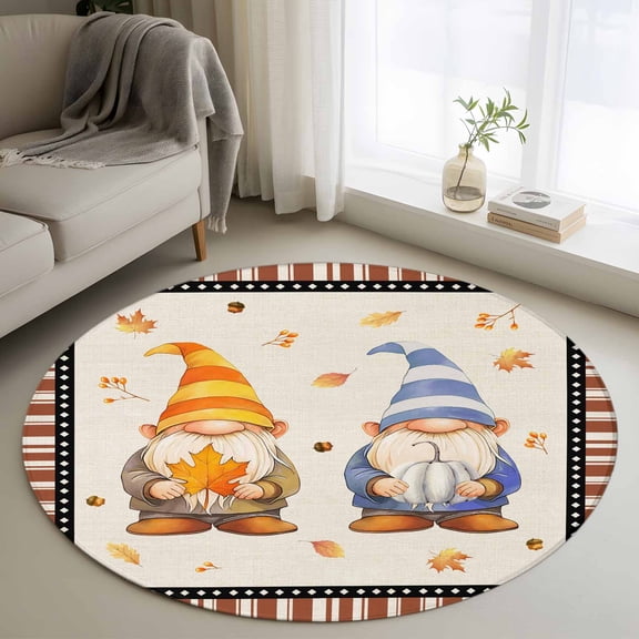 Round Rugs 3Ft, Fall Gnomes Round Area Rug Washable Indoor Throw Carpet, Brown Striped Maple Leaf Botanical Small Non Slip Circle Rug for Bedroom Living Room Home Decor Aesthetic