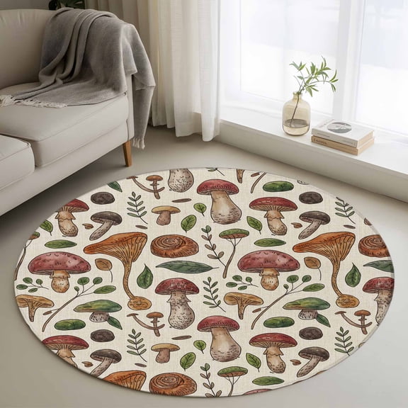 Round Rugs 3Ft, Fall Mushroom Round Area Rug Washable Indoor Throw Carpet, Farmhouse Country Botanical Leaves Small Non Slip Circle Rug for Bedroom Living Room Home Decor Aesthetic