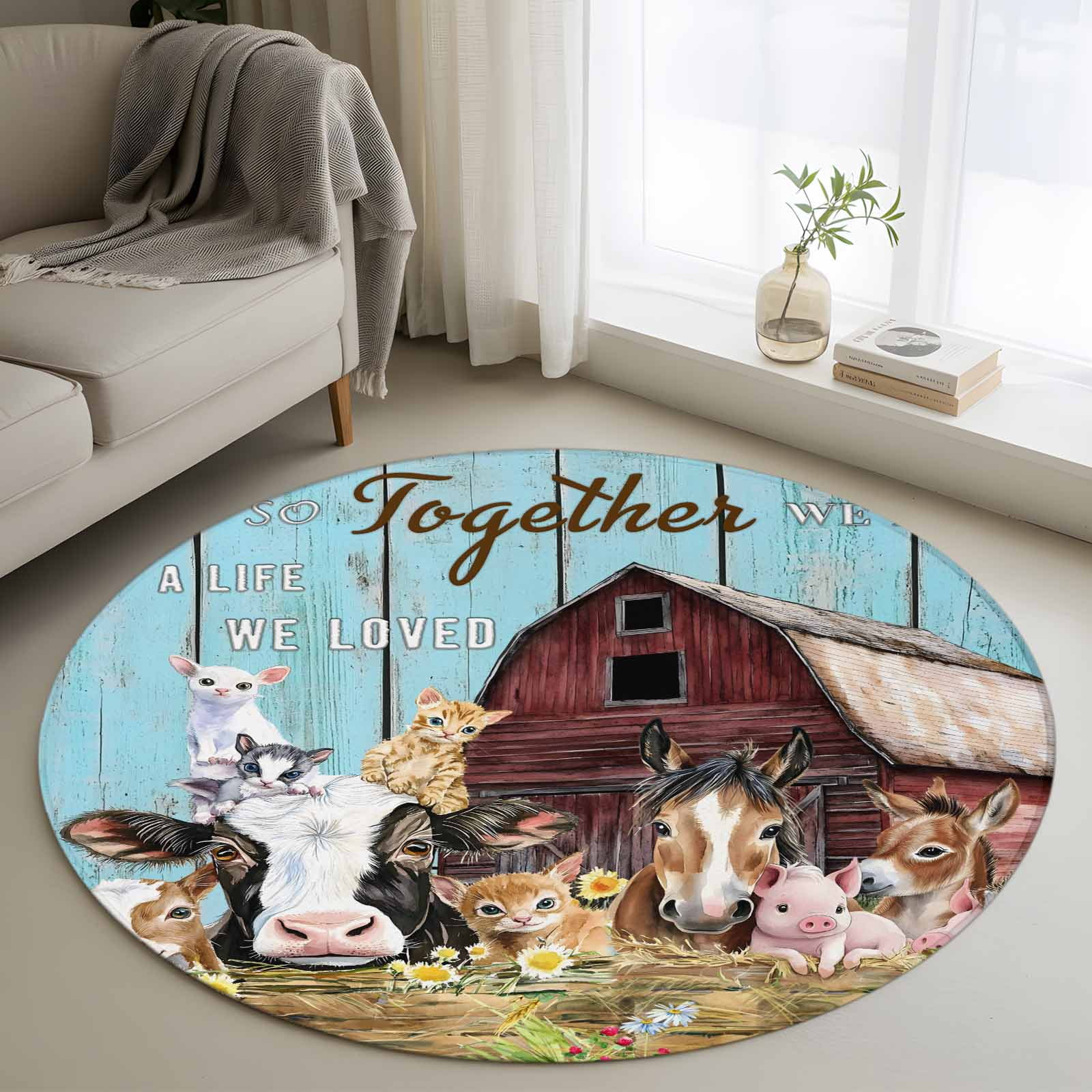 Round Rugs 3Ft, Farmhouse Animals Round Area Rug Washable Indoor Throw ...