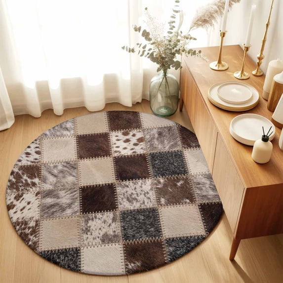 Round Rugs 3Ft, Farmhouse Cow Print Round Area Rug Washable Indoor Throw Carpet, Country Patchwork Cowhide Fur Plaid Small Non Slip Circle Rug for Bedroom Living Room Home Decor Aesthetic
