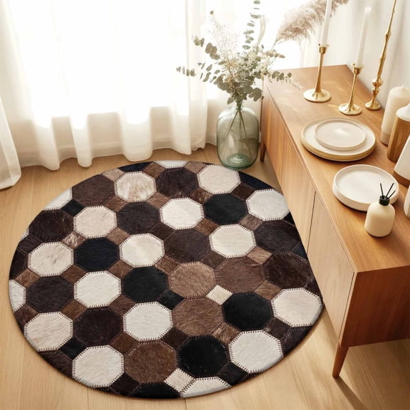 Round Rugs 3Ft, Farmhouse Cow Print Round Area Rug Washable Indoor Throw Carpet, Country Polka Dot Cowhide Brown Black Small Non Slip Circle Rug for Bedroom Living Room Home Decor Aesthetic