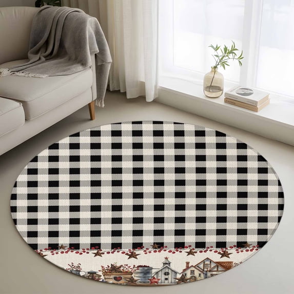 Round Rugs 3Ft, Farmhouse Round Area Rug Washable Indoor Throw Carpet, American Country Star Barn Black Plaid Berry Small Non Slip Circle Rug for Bedroom Living Room Home Decor Aesthetic