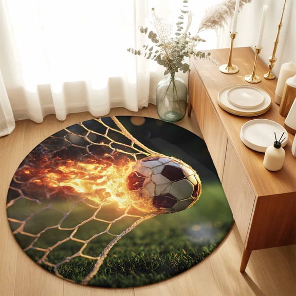 Round Rugs 3Ft, Flaming Soccer Round Area Rug Washable Indoor Throw Carpet, Goal Net Powerful Fire Orange Grass Green Small Non Slip Circle Rug for Bedroom Living Room Home Decor Aesthetic