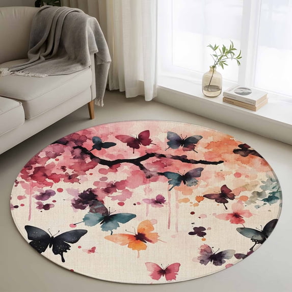 Round Rugs 3Ft, Flowers Butterfly Round Area Rug Washable Indoor Throw Carpet, Vintage Rustic Ombre Spring Floral Small Non Slip Circle Rug for Bedroom Living Room Home Decor Aesthetic