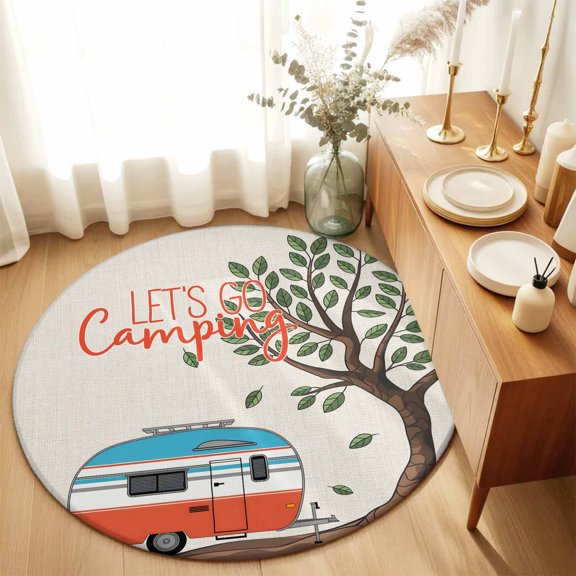 Round Rugs 3Ft, Let's Go Camping Round Area Rug Washable Indoor Throw Carpet, Modern Camper Van Trees Burlap Rustic Small Non Slip Circle Rug for Bedroom Living Room Home Decor Aesthetic