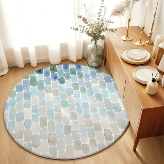 Round Rugs 3Ft, Green Blue Geometric Round Area Rug Washable Indoor Throw Carpet, Modern Abstract Ombre Small Non Slip Circle Rug for Bedroom Living Room Home Decor Aesthetic