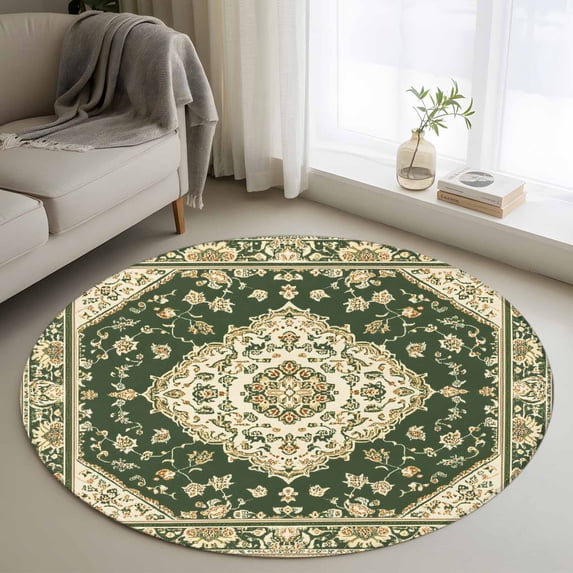 Round Rugs 3Ft, Green Boho Southwestern Round Area Rug Washable Indoor Throw Carpet, Antique Farmhouse Ethnic Small Non Slip Circle Rug for Bedroom Living Room Home Decor Aesthetic