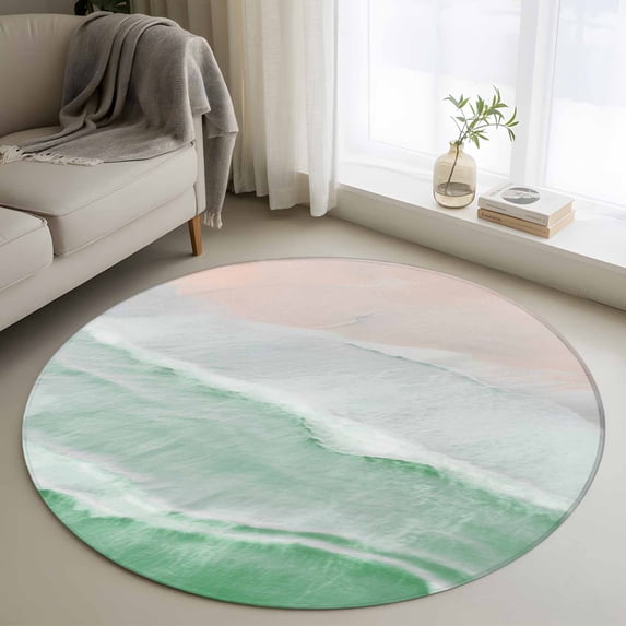 Round Rugs 3Ft, Green Coastal Wave Round Area Rug Washable Indoor Throw Carpet, Summer Modern Ocean Beach Small Non Slip Circle Rug for Bedroom Living Room Home Decor Aesthetic