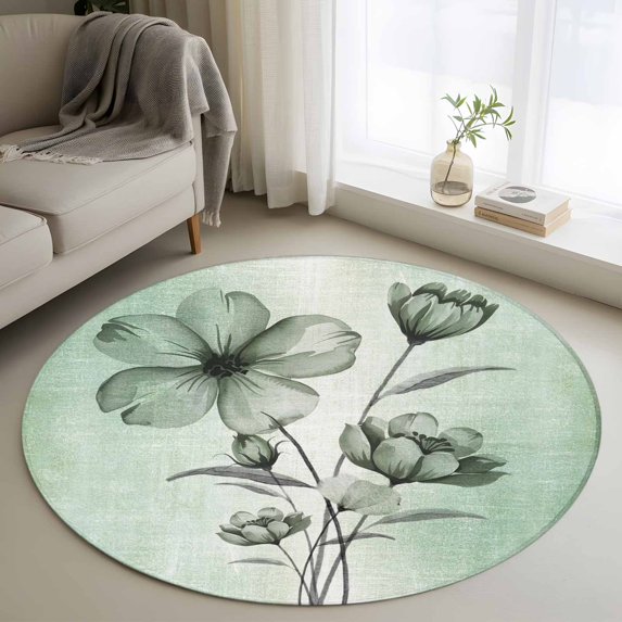 Round Rugs 3Ft, Green Floral Round Area Rug Washable Indoor Throw Carpet, Country Rustic Ombre Painting Art Watercolor Small Non Slip Circle Rug for Bedroom Living Room Home Decor Aesthetic