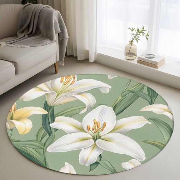 Round Rugs 3Ft, Green Floral Spring Round Area Rug Washable Indoor Throw Carpet, Vintage Posy Patterns Small Non Slip Circle Rug for Bedroom Living Room Home Decor Aesthetic
