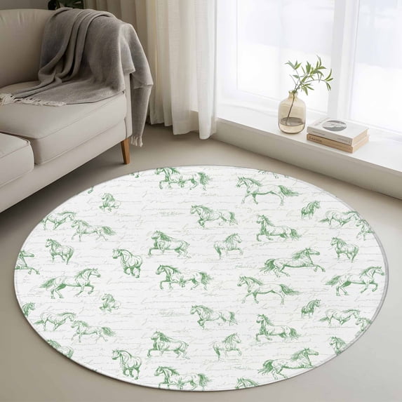 Round Rugs 3Ft, Green Horse Round Area Rug Washable Indoor Throw Carpet, Watercolor Vintage Animals Small Non Slip Circle Rug for Bedroom Living Room Home Decor Aesthetic
